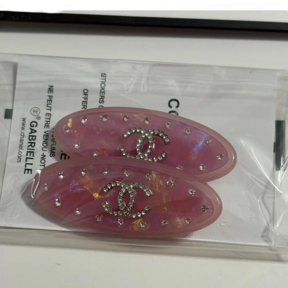 CHANEL 2Pc Lg Hair Clips Hot Pink/White Rhinestone CC Logo & Gift Bag - Picture 5 of 6